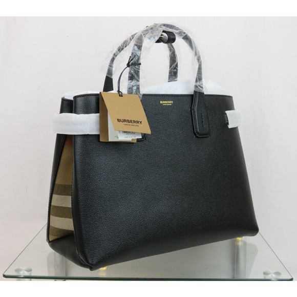 $1790 BURBERRY BANNER BLACK LEATHER HOUSE CHECK CANVAS SHOULDER MEDIUM TOTE BAG - Picture 1 of 16